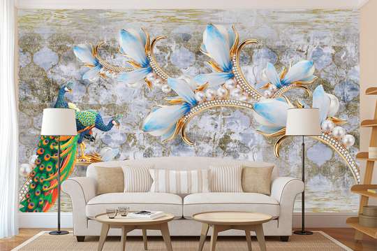 Wall Mural - Peacocks and blue flowers