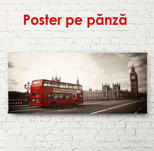 Poster, Fotografia retro a unui autobuz roșu din Londra, 150 x 50 см, Poster înrămată