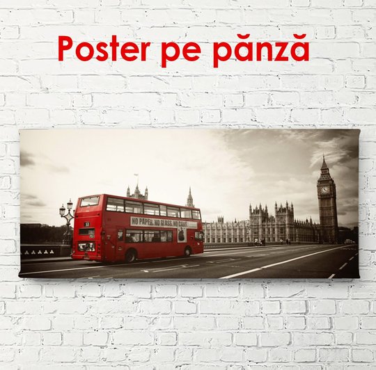Постер, Ретро фото красным автобусом в Лондоне, 150 x 50 см, Постер в раме