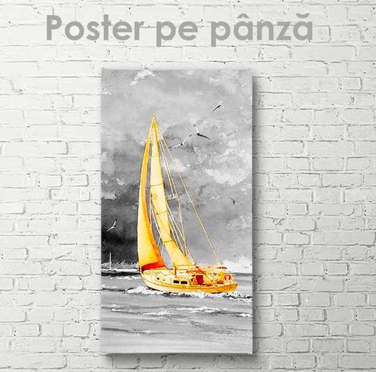 Постер, Золотая парусная яхта, 30 x 90 см, Холст на подрамнике