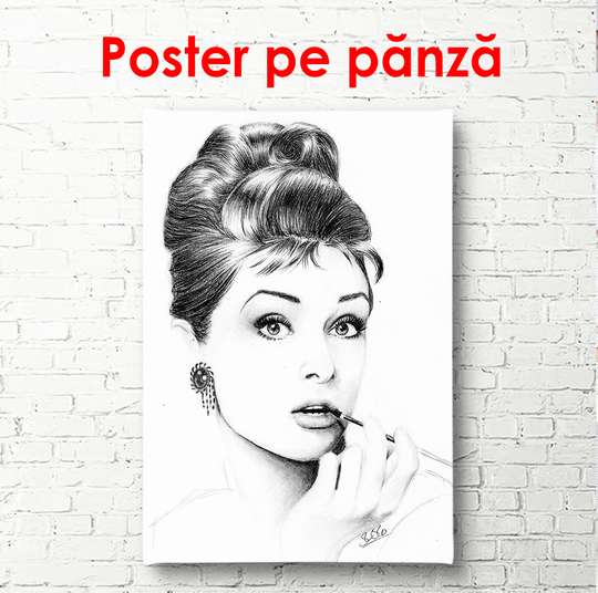 Poster - Portret alb-negru al lui Audrey Hepburn, 60 x 90 см, Poster înrămat
