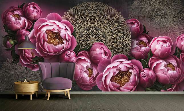 Wall Mural - Bright peonies and flower Mandala