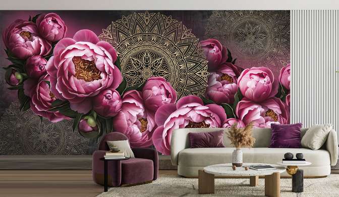 Wall Mural - Bright peonies and flower Mandala