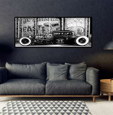 Постер - Черно белый винтажный автомобиль, 60 x 30 см, Холст на подрамнике