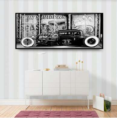 Постер - Черно белый винтажный автомобиль, 60 x 30 см, Холст на подрамнике