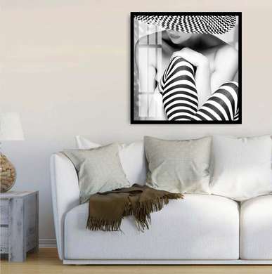 Постер - Черно-белый снимок даме в шляпе, 40 x 40 см, Холст на подрамнике