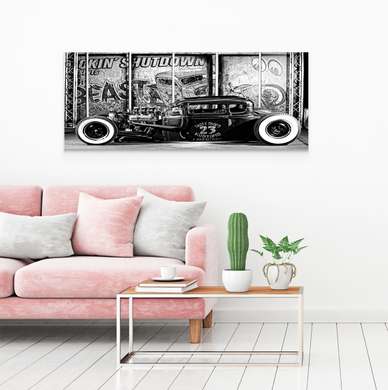 Poster - Black and white vintage car, 60 x 30 см, Canvas on frame