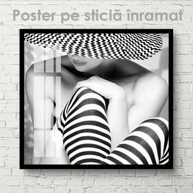 Poster - Black and white shot of a lady in a hat, 40 x 40 см, Canvas on frame