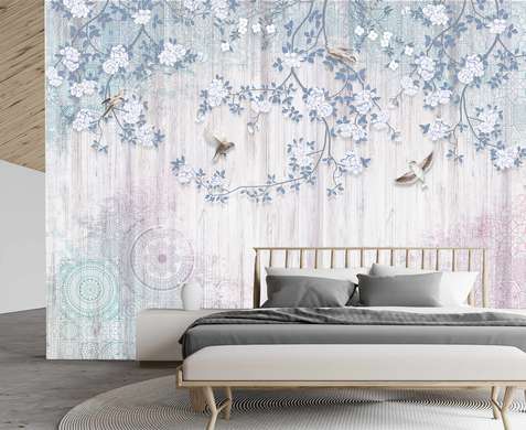 Wall Mural - Delicate flowers in lilac shades and birds on an abstract background