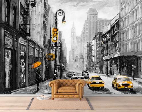 Wall Mural - Yellow taxi in a black and white city