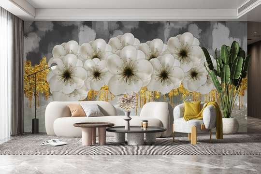 Wall Mural - White flowers with golden stains