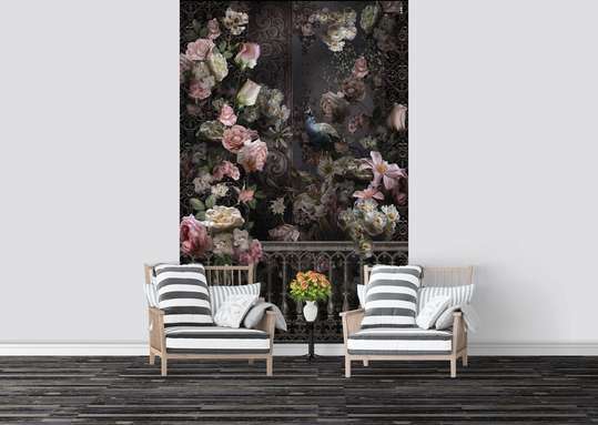 Wall Mural - Pink flowers on a black background.
