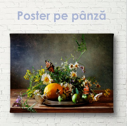 Постер, Натюрморт с цветами и лимоном, 45 x 30 см, Холст на подрамнике