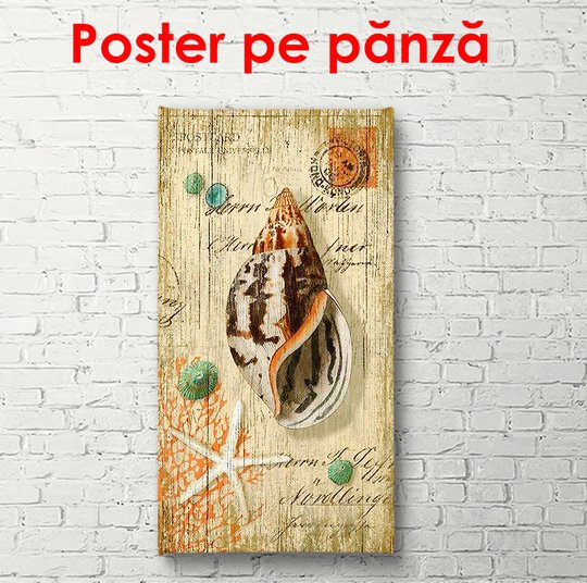 Постер, Ретро картинка с морской ракушкой, 45 x 90 см, Постер в раме