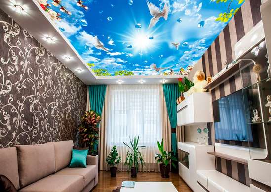 Wall Mural - Blue ceiling with pink flowers and doves in the sky