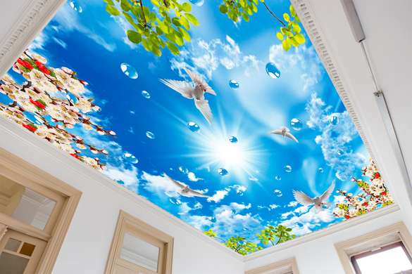 Wall Mural - Blue ceiling with pink flowers and doves in the sky