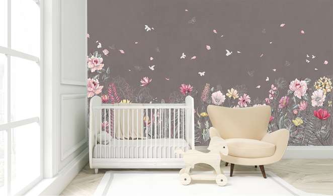 Wall Mural - Summer flowers on a gray background