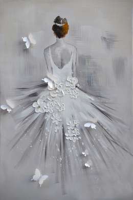 Poster - Fată în rochie albă cu flori și fluturi, 30 x 45 см, Panza pe cadru