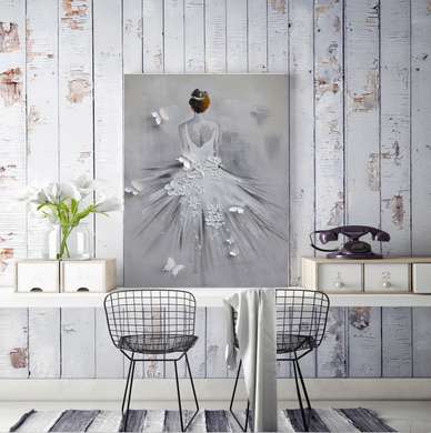 Poster - Fată în rochie albă cu flori și fluturi, 30 x 45 см, Panza pe cadru