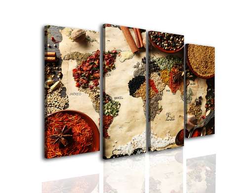 Tablou Pe Panza Multicanvas, Harta lumii simulată din condimentele tradiționale, 198 x 115, 198 x 115