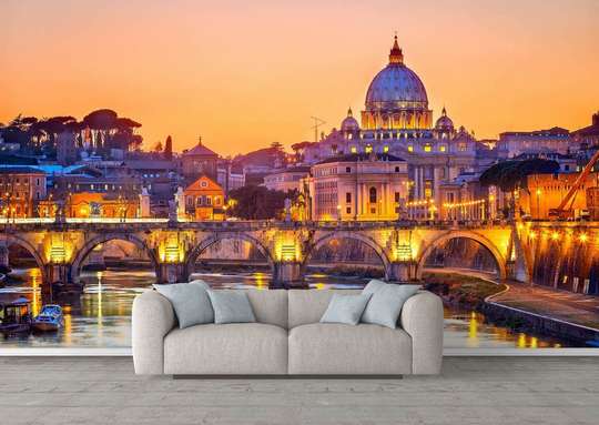 Wall Mural — Beautiful city on the water at sunset.