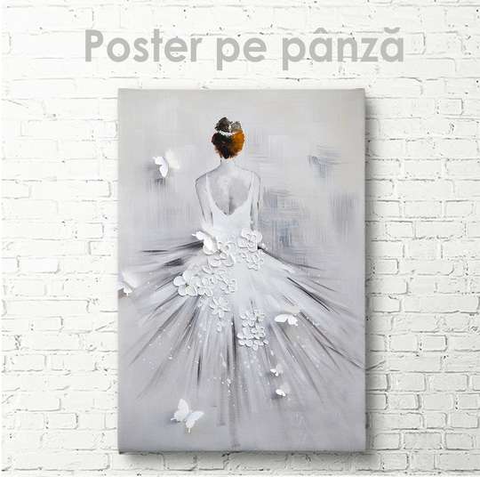 Poster - Fată în rochie albă cu flori și fluturi, 30 x 45 см, Panza pe cadru, Fantezie