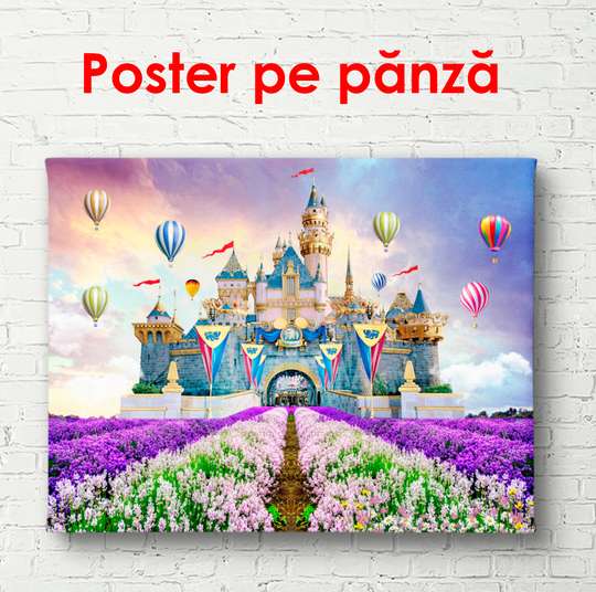 Poster - Castle on the background of a lavender field, 90 x 60 см, Framed poster, For Kids