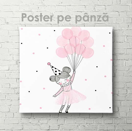 Постер - Девочка с шариками, 40 x 40 см, Холст на подрамнике, Для Детей