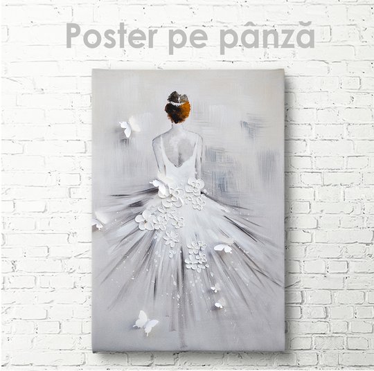 Постер, Девушка в белом платье с цветами и бабочками, 30 x 45 см, Холст на подрамнике