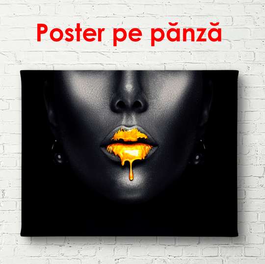 Постер - Золотые губы на сером фоне, 90 x 60 см, Постер в раме, Гламур