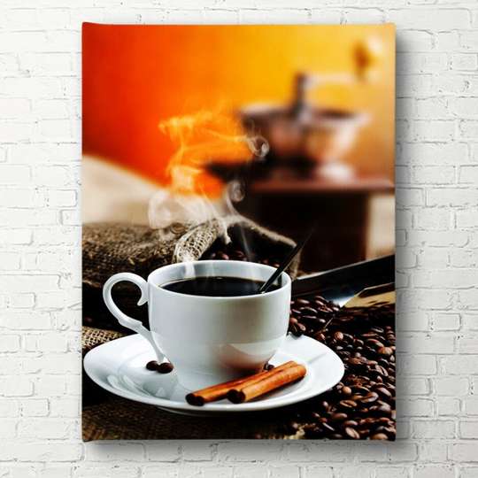 Постер - Белая чашка с горячим кофе на фоне оранжевой стены, 45 x 90 см, Постер в раме, Еда и Напитки