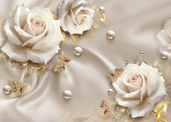 Fototapet - Trandafiri bej și fluturi aurii pe mătase