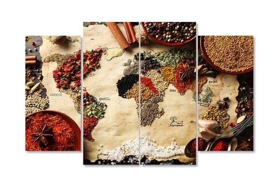 Tablou Pe Panza Multicanvas, Harta lumii simulată din condimentele tradiționale, 198 x 115, 198 x 115