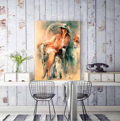 Постер - Гламурная леди в шляпе с кошкой, 30 x 45 см, Холст на подрамнике