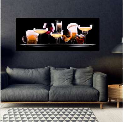 Poster - Set de diverse băuturi pe fond negru, 60 x 30 см, Panza pe cadru