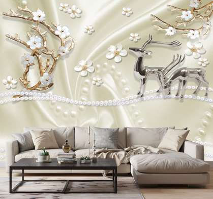 Wall Mural - Silver deer and flowers on a beige background