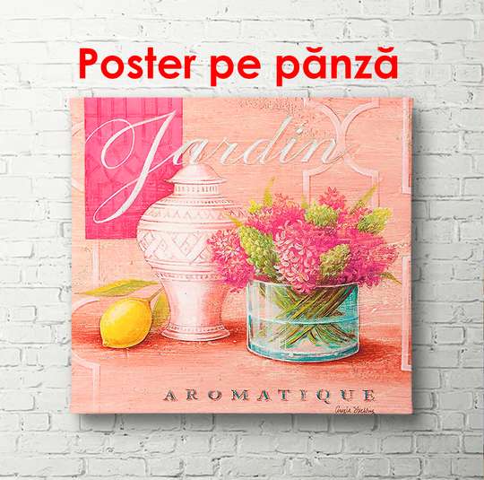 Постер - Ваза с розовыми цветами на розовом фоне, 100 x 100 см, Постер в раме, Прованс