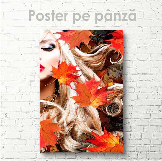 Постер - Блондинка в листве, 30 x 60 см, Холст на подрамнике, Гламур