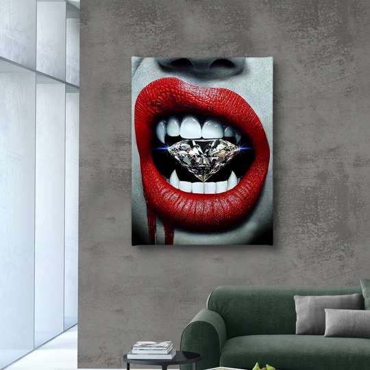 Постер - Красные губы и бриллиант, 30 x 45 см, Холст на подрамнике, Гламур