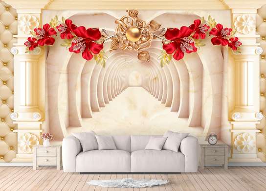 Wall Mural - Bright red flowers on the background of a 3d tunnel