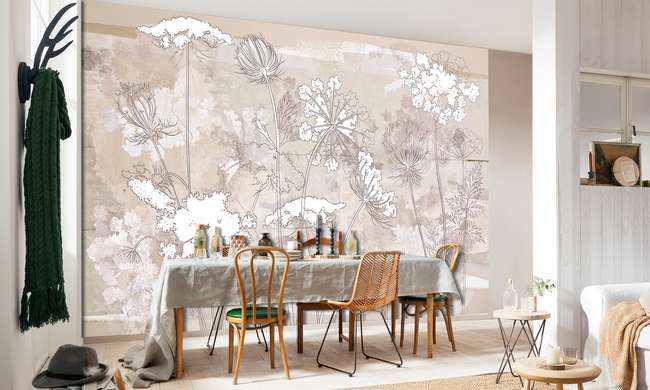 Wall Mural - Painted plants on a beige background