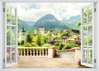 Наклейка на стену - 3D-окно с видом на красивый горный город, Имитация окна, 130 х 85