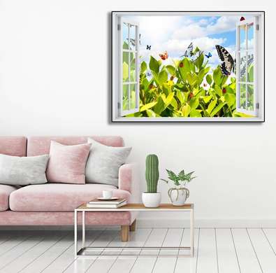 Stickere pentru pereți - Fereastra 3D cu vedere spre o grădină cu flori, 130 х 85
