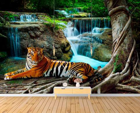 Fototapet - Tigrul se odihnește lângă cascadă