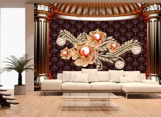 Wall Mural - Golden brooch on brown leather background with golden arches