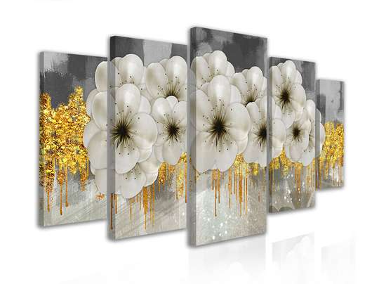 Tablou Pe Panza Multicanvas, Flori albe pe fond auriu, 108 х 60