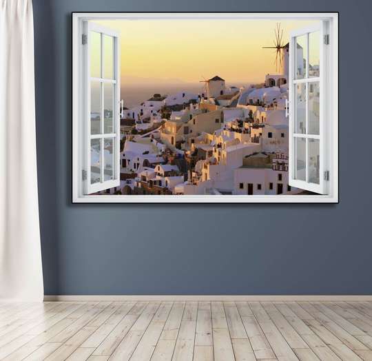 Наклейка на стену - 3D-окно с видом на город с ветряными мельницами, Имитация окна, 130 х 85