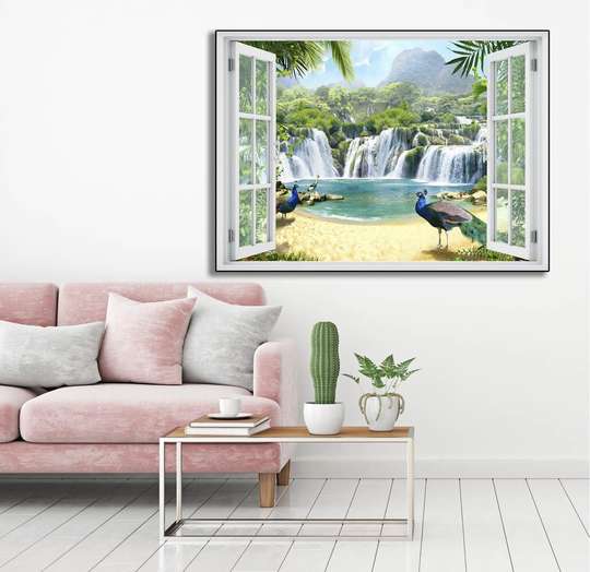 Wall Sticker - 3D window with a view of the hills next to the waterfall