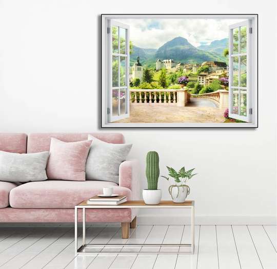 Наклейка на стену - 3D-окно с видом на красивый горный город, 130 х 85