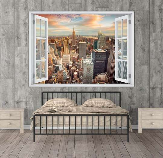 Наклейка на стену - 3D-окно с видом на Нью-Йорк, Имитация окна, 130 х 85
